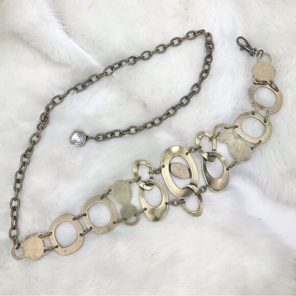 Mottled Burnished Gold Tone Ovals and Gemstone Retro Statement Chain Belt - Picture 9 of 12